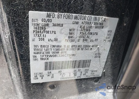 2003 Ford F-150 Lariat/Xlt z USA, uszkodzony, nr VIN 1FTRW08L33KC73091